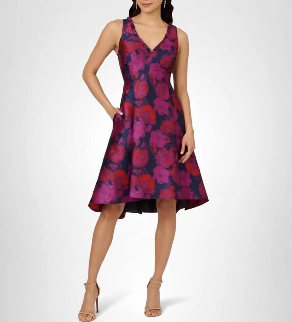 Adrianna Papell Dress Womens 14 Multicolor Floral Jacquard Hi Low Fit & Flare